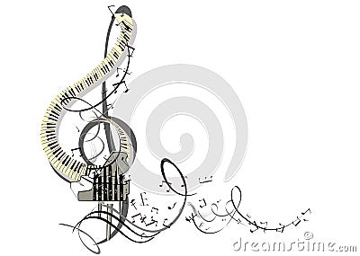 Abstract treble clef decorated with musicians and piano wave, decorated with musical notes. Vector Illustration